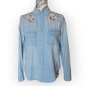 Haute Hippie Embroidered Chambray Snap Closure Shirt size small